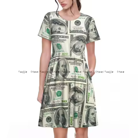 Summer Dollar Bills Of United States Federal Reserve The Ben Franklin Portrait Dress Women Casual Ro