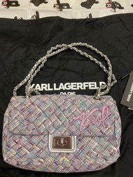 KARL LAGERFELD卡爾 專櫃款紫粉色拼接毛呢格紋旋釦鍊帶肩背/斜背兩用包