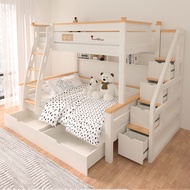 {Sg Sales}Double Decker Bed Frame Double Bed Loft Bed High Low Solid Wood Bunk Bed Height-Adjustable Bed Storage Bed Nordic Style Children's Bed Bunk Bed Combination Bunk Bed