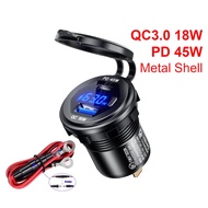 45W PD Type-C QC3.0 USB Car Charger Socket 12/24V Fast Charging Voltmeter Switch All Metal for Truck