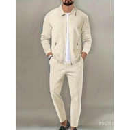 Set Dua Keping Bersukan Jaket Zip Atas Lelaki & Seluar Pinggang Bertali Set Baju Olahraga, Pakaian L