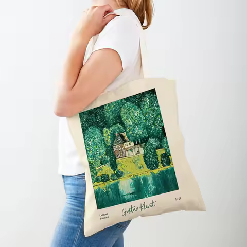 Gustav Klimt Green Flower Garden Flora Shopping Bag Double Print Eco Casual Nordic Shopper Bags Lady
