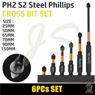 6PCs Good Black Phospate S2 Philips Cross Bit Set. Magnetic Impact Phillips Drive Bit PH2. Cross Slo