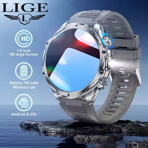 LIGE Men Outdoors Sports Smart Watch AK75 Flashlight 700mah Large Battery Bluetooth Calling LED Ligh