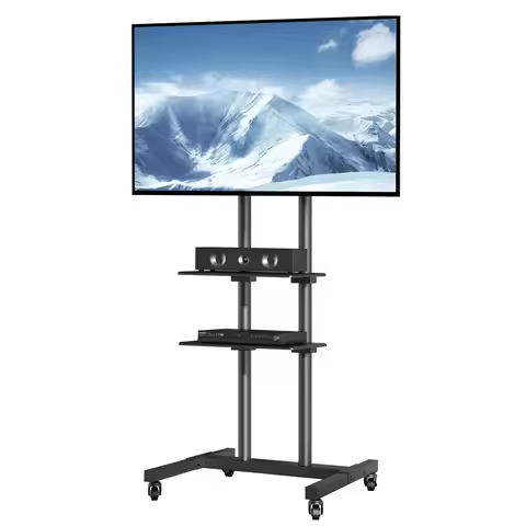SucceBuy Mobile TV Stand Height Adjustable TV Stand w/ Wheels Double Tray for Audio-Visual Devices R