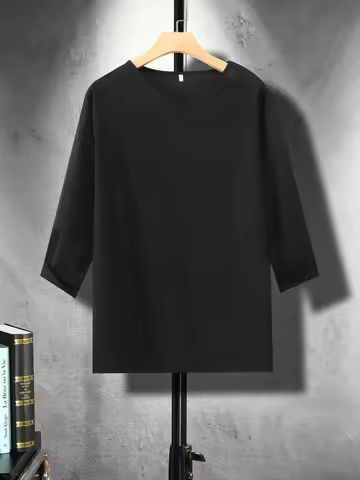 Solid Color Men's Comfy Loose 3/4 Sleeve T-shirt, Men's Summer Clothes, Men's Clothing