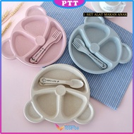 Peralatan Makan Anak Set 3-Piece Bentuk Bear Tempat Makan Bayi Bahan Jerami Baby Feeding Set Cartoon