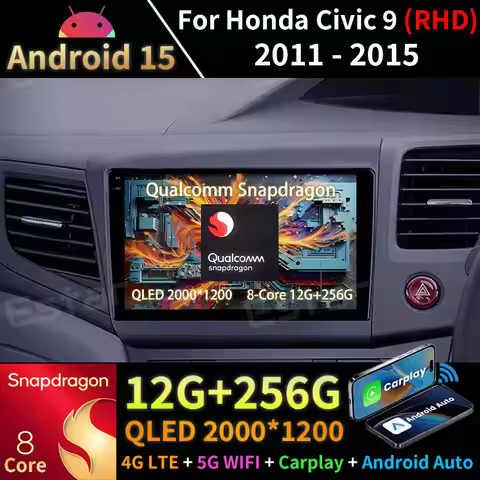 Android 15 Carplay For Honda Civic 9 FB FK FD 2011-2015 RHD Head Unit Multimedia Navi 4G LTE GPS RDS