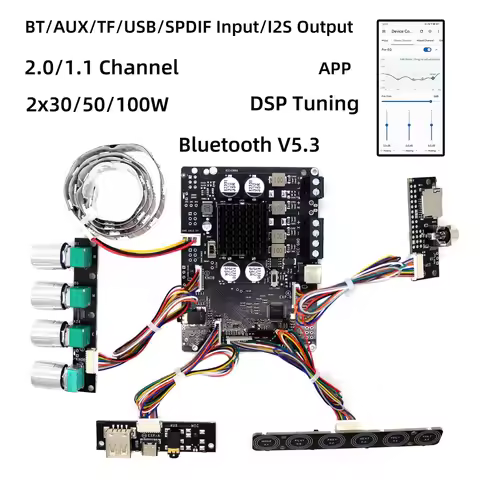 App Bluetooth 5.3 DSP Tuning 1.1 Crossover 2.0 Amplifier 2x20/30/40/50/80/100W Effects WS2812 TF USB