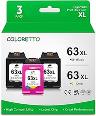 COLORETTO Remanufactured Printer Ink Cartridge Replacement for HP 63XL to use with Envy 4520 4516 Officejet 5255 5258 4650 3833 DeskJet 1112 3632 2130 3638 (2 Black+1 Color) Combo Pack
