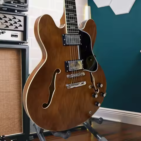 Natural Walnut Gold Oil Semi-Hollow Structure ES-335 Electric Guitar Dual Humbucker Professional Jaz