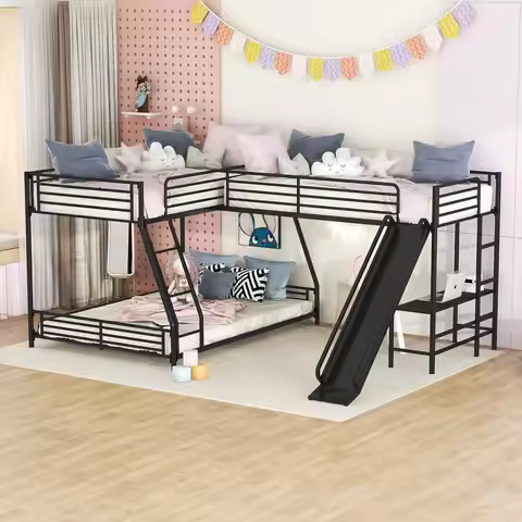 L-Shaped Triple Bunk Bed with Desk and Slide, Ideal for 3 Kids, Black