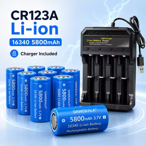 High Capacity 5800mAh 3.7V 16340 RCR123A Li-ion Rechargeable Batteries with Travel Wall Charger for 