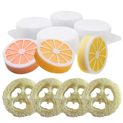 4Cavity Round Lemon Silicone Soap Mold Natural Loofah Soap Making Kit Mold Includes 4pcs Loofah Slic