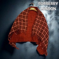 🎠BURBERRY巴寶莉| 日本製酒紅色100％羊毛格紋流蘇大圍巾.披肩Size:70x140cm#二手