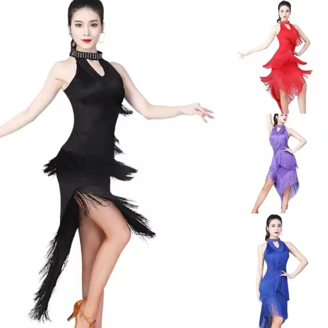 68UA Latin Dance Dress Sparkling Sequins Stage Performances Comfortable Irregular Fringe Design Elas