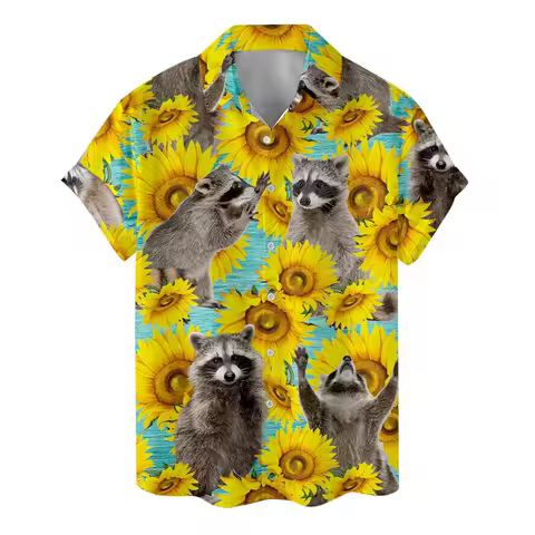 Animal Cat Raccoon Hawaiian Shirts Men 3D Print Dinosaur Pattern Shirt Button Lapel Short Sleeves Fa