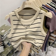 ZHELIHANGFEI Casual Striped Basic Sleeveless Round Neck Tank Top for Women Tank Top Leher Bulat Tanp