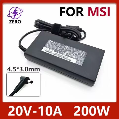Original 200W 20V 10A 4.5*3.0mm Laptop Charger Power Adapter for MSI Bravo 15 C7V C7VE C7VF DELTA AD