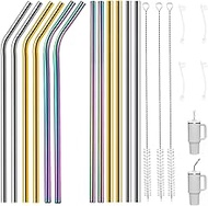 12 x Straws Stainless Steel Long 30 cm, Colourful Metal Straw for Stanley Adventure Quencher 30 oz/4