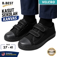 B.BEST ORIGINAL Kasut Sekolah Hitam School Shoes Black Canvas Shoe Sticky Type Unisex Lekat Velcro