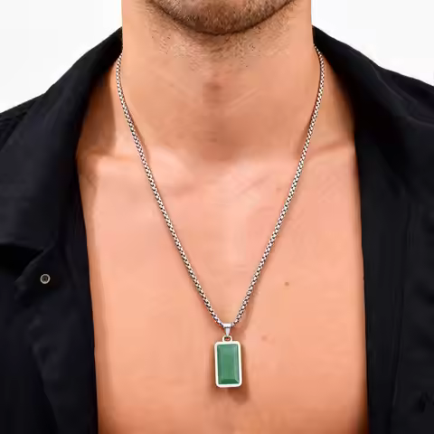 Vnox Stainless Steel Green Natural Stone Necklace for Men Boys, Geometry Square Pendant with Box Cha