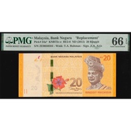 S/N. ZE 0050584 PMG 66 EPQ Malaysia, 12th series, 2012, Rm20 Ringgit, P-54a*, REPLACEMENT NOTE ZETI