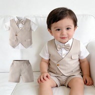 Gentleman Boss Baby Outfit for 1 Year Old Cotton Shirt Khaki Shorts Vest Baptismal Outfit Formal Att