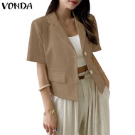 VONDA Women Korean Simple Casual V-neck Short Sleeve Soild Color False Pockets Blazer