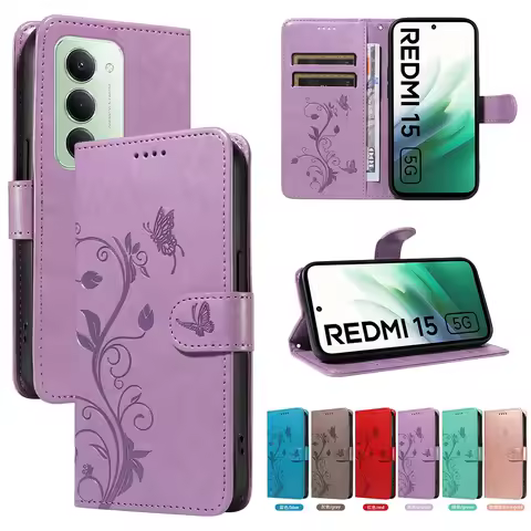 Fashion Butterfly Case on For Xiaomi Redmi 15 15C 4G 5G Poco C85 Flip Wallet Card Slot Magnetic Luxu