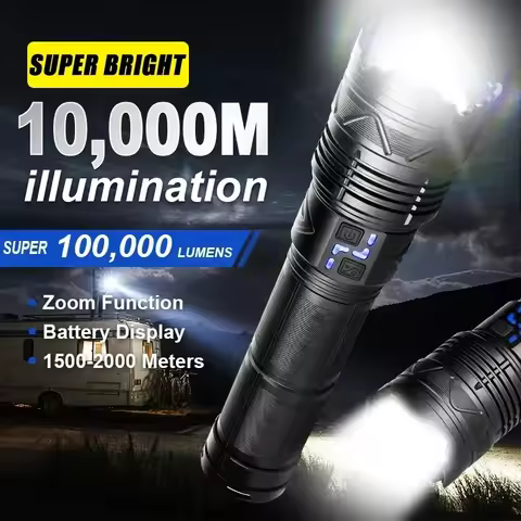 10000LM 100W GT60 Led Flashlights Most Powerful Tactical Zoom Torch Long Range 1500M Lantern Emergen