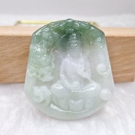 奶白底帶冰綠 乘龍觀音吊墜牌件 | 天然緬甸玉A貨翡翠