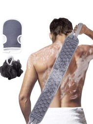 3件套去角質身體磨砂套裝包括背部擦洗器、沐浴手套和絲瓜海綿 - 適用於女性和男性淋浴 - 深層清潔和活化皮膚（36.5*3.7英寸，灰色）