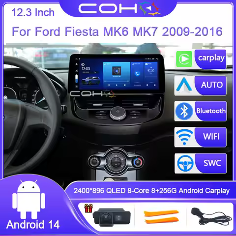 12.3 Inch For Ford Fiesta MK6 MK7 2009-2016 8-Core 8G+256G Car Multimedia Player Android 14 Stereo R