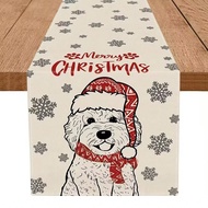 1pc, Linen Merry Christmas Table Runner Golden Doodle Dog Snowflake Seasonal Xmas Holiday Kitchen Di