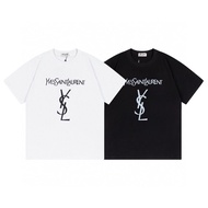 HOT_YSL High-end Light Luxury, European And American Fashion With Saint Laurent Classic Pure Cotton Men And Women Couples Short-sleeved Large Size T-shirt Lan Ins