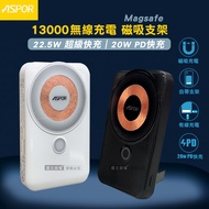 ASPOR 13000 透明線圈 22.5W全協議快充行動電源 自帶立架 Magsafe磁吸無線充電(黑色)
