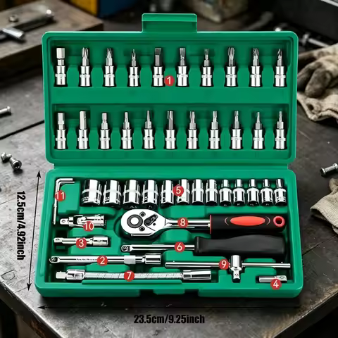 46Pcs Household Auto Repair Tool Kit, Metric & Inch Ratchet Wrench Socket Hex Bit Set