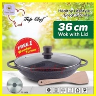Top Chef 36cm Granite Wok With Glass Cover - Free Wooden Turner