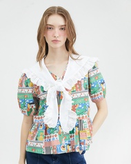 Kloset &amp; Etcetera Hobby Haus Sailor Collar Shirt เสื้อเชิ้ตพิมพ์ลาย ผ้าผูกคอสามารถถอดได้