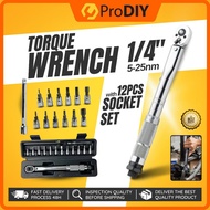 1/4 inch Torque Wrench with 12pcs Socket Set Driver 5-25nm Adjustable with Case Spanar Hex Torx Moto