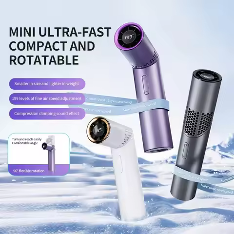 GF06 Lipstick Style Handheld Fan 199 Speeds, 3000mAh Rechargeable Portable Mini Turbo Fan, 90° Folda