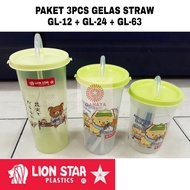 PAKET 3PCS GELAS STRAW GL-12+GL-14+GL-63 LION STAR/ Gelas + Sedotan Anak Murah/ Gelas Minum Susu Ana