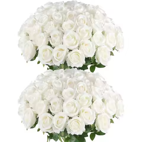 50 Pcs Artificial Roses In Bulk, Fake Silk Roses Realistic White Roses For Wedding Centerpieces Flow