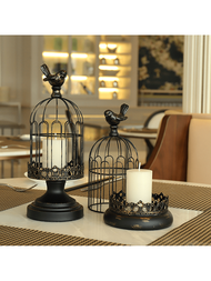 2入組裝飾鳥籠蠟燭台,適用於柱形蠟燭,黑白復古燭臺,金屬鳥籠燭臺,適用於家庭裝飾,餐桌婚禮中心點