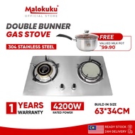MALOKUKU Stainless Steel Premium Infrared Gas Stove | 2 Burner Cooktop Built In Hob | Dapur Gas Cooker Hob Free Milk Pot