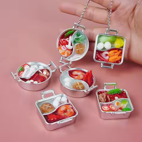 Mini Hotpot Keychain Simulation Food key Chain Lovers Bag KeyRing Double-Flavor Hot Pot Hotpot Model