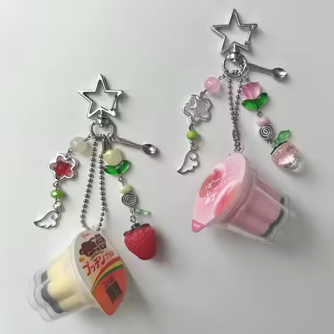 Japanese Pudding Keychain, Pink Yellow Egg Flan Charm, Y2K Heisei Retro Aesthetic Beaded Accessory