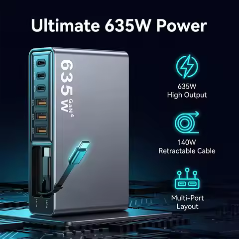 Multi-Port 635W GaN Desktop Fast Charger with 140W Retractable USB C Cable Charging Station for iPho