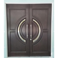 Pintu Kayu Cermin Kembar Depan Rumah Pintu Utama Full Original Solid Wood Double Leaf Wooden Door Tempered Glass